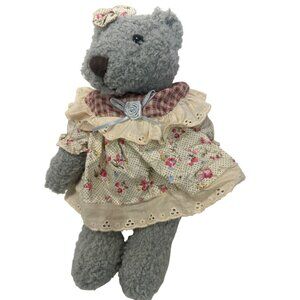 T.L. Toys Vintage Gray Teddy Bear With Floral Dress & Bow Shabby Chic